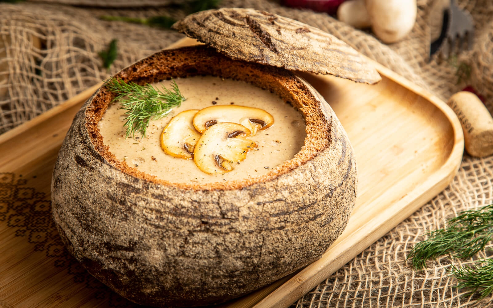 Cream of mushroom soup in a bun