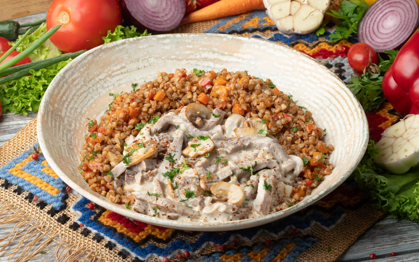 Beef tongue stroganoff with buckwheat