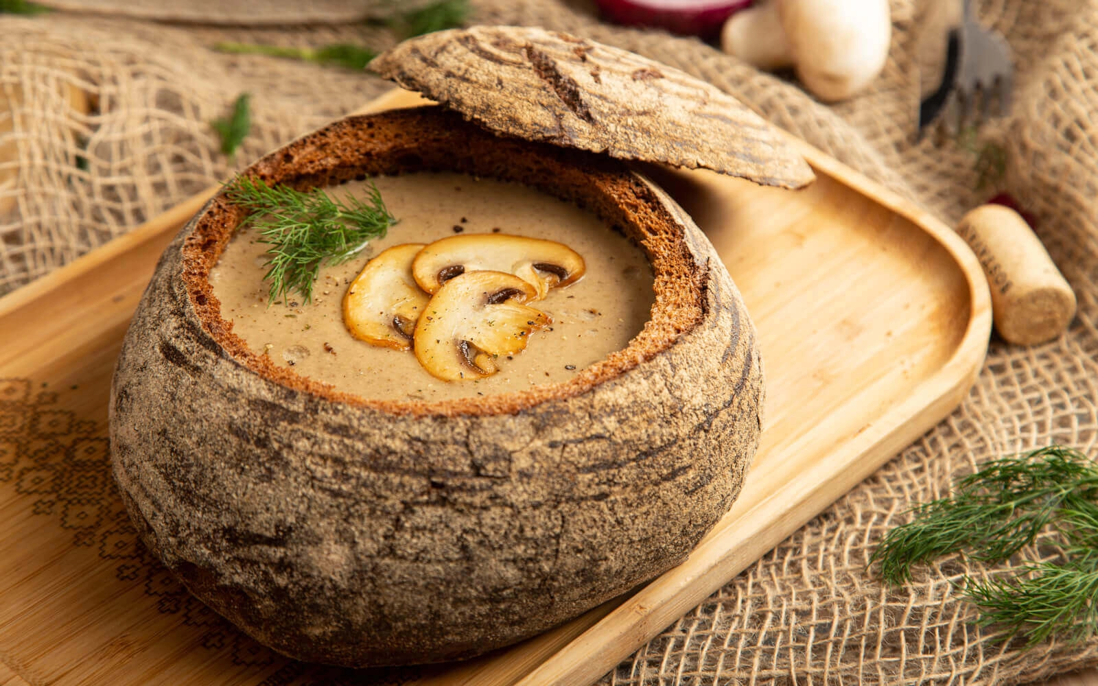 Mushroom cream soup in bread bowl