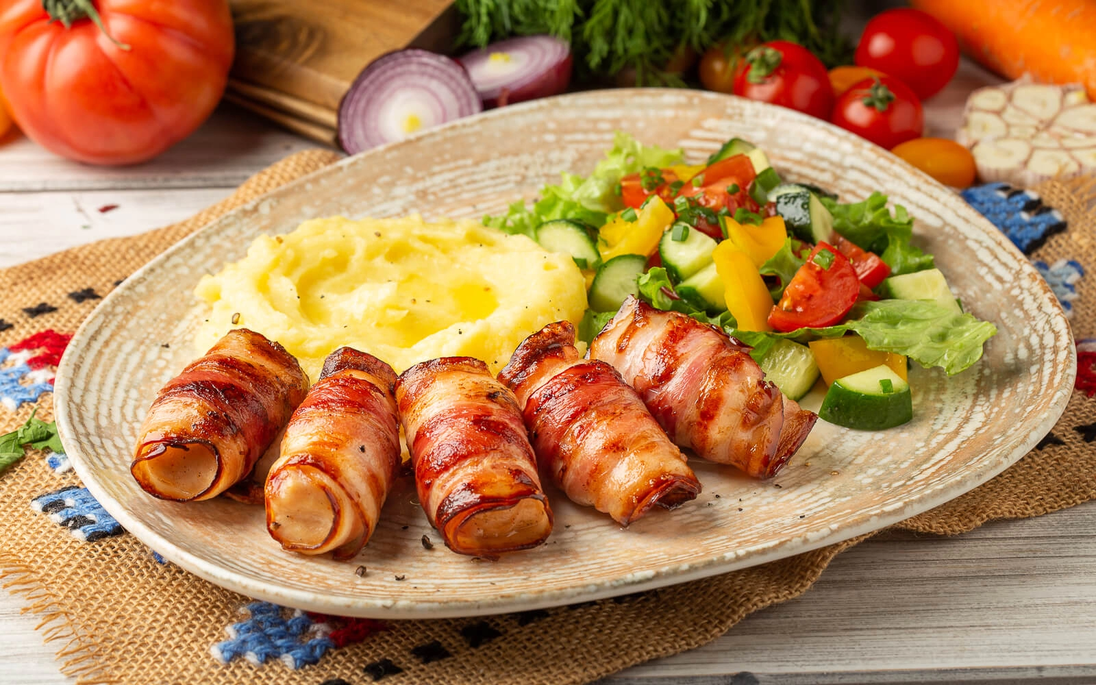 Chicken shish kebab in bacon