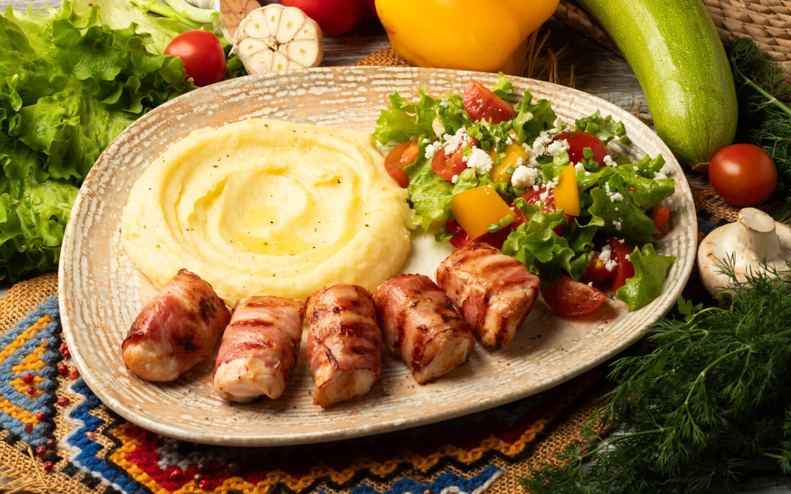 Chicken shish kebab in bacon