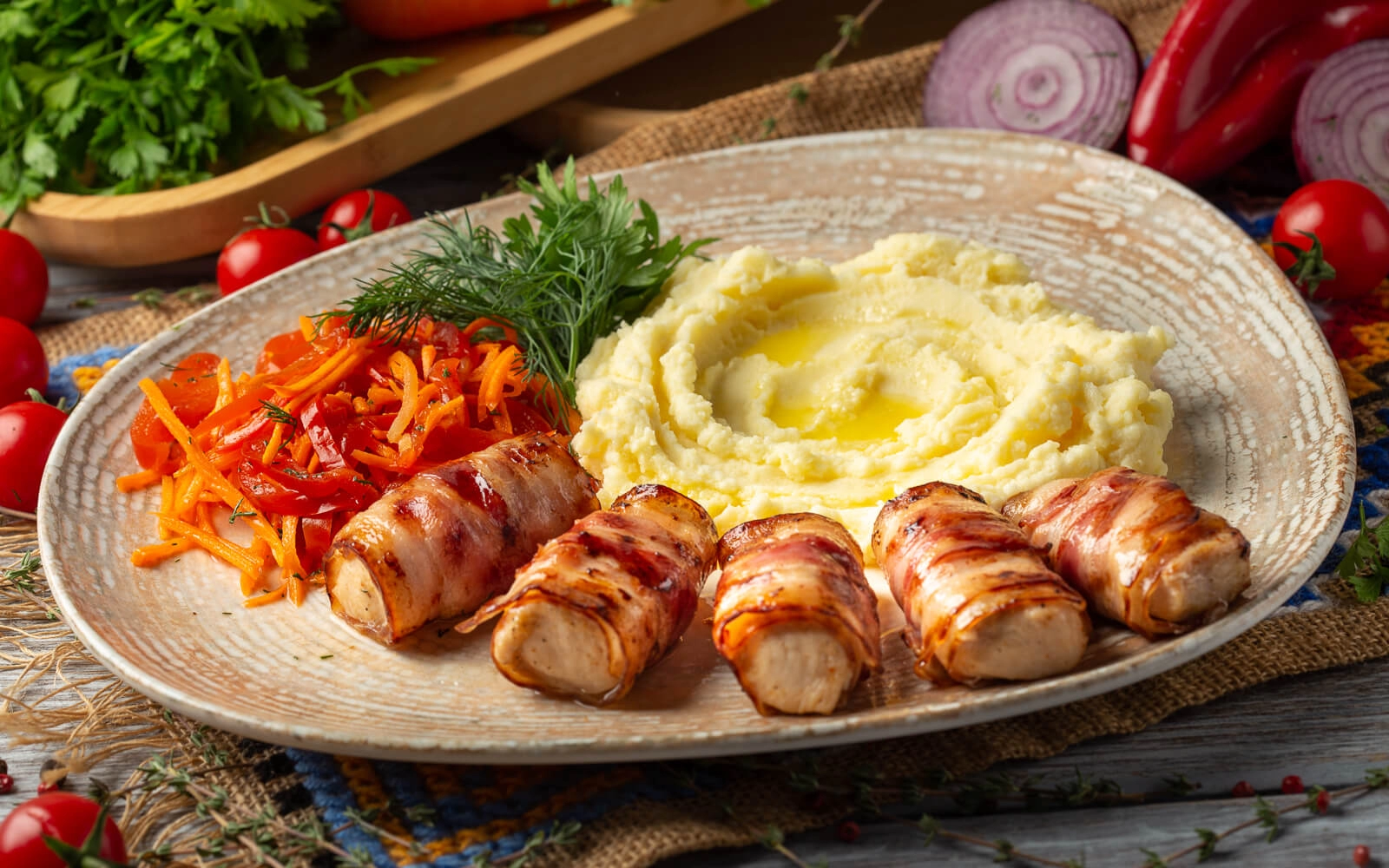 Chicken shish kebab in bacon